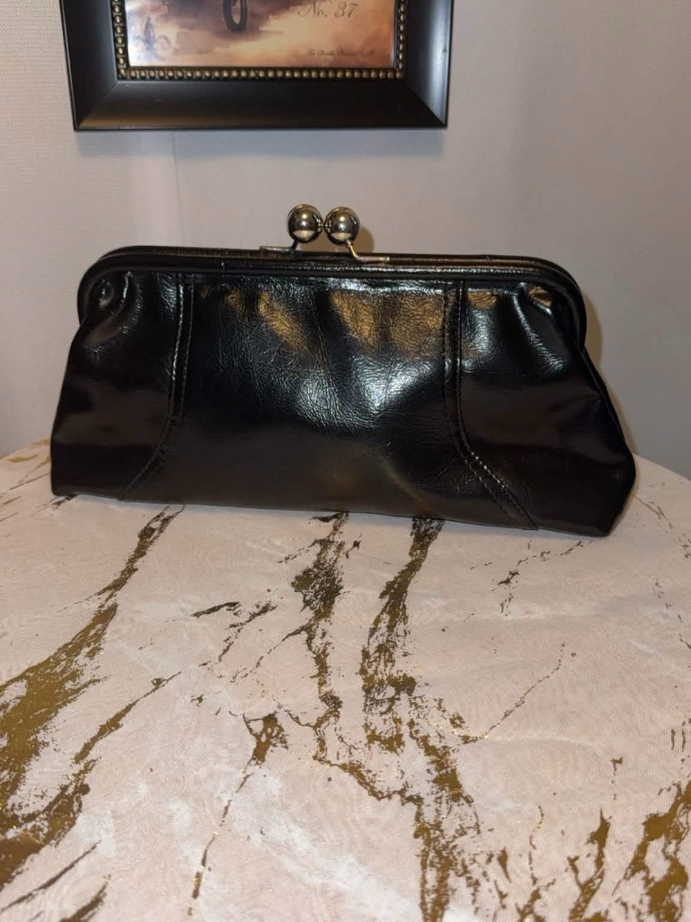 Black Faux Leather Kiss-Lock Clutch Bag